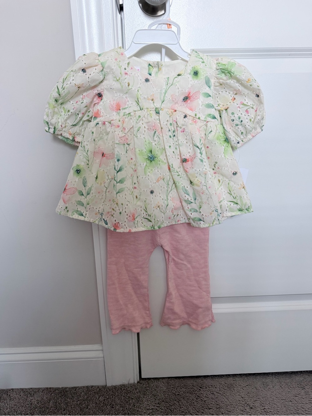 Rare Editions Cream Floral Eyelet Top with Pink Ribbed Leggings